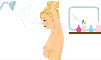 Self-examination, Step 5: Examine breasts while standing or sitting down, they are easier to examine when the skin is wet